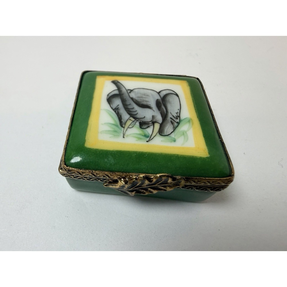Limoges Porcelain Elephant Trinket Box France Hand Painted Hinged Vintage Green
